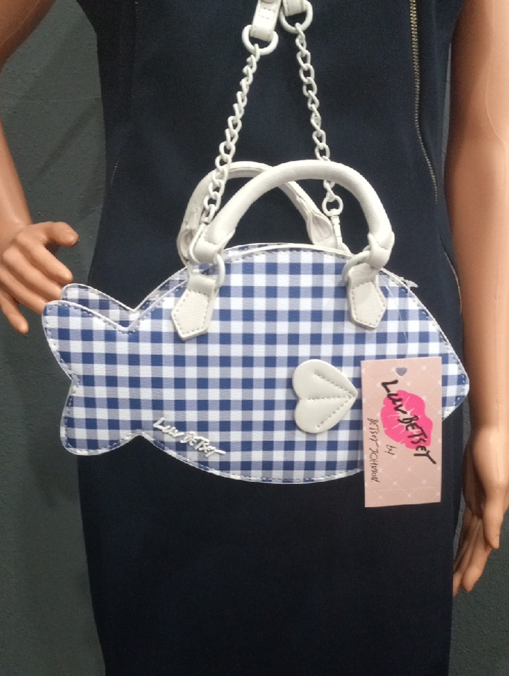 Betsey Johnson Blue Gingham Fish Crossbody Bag with White Trim - Picture 4 of 13